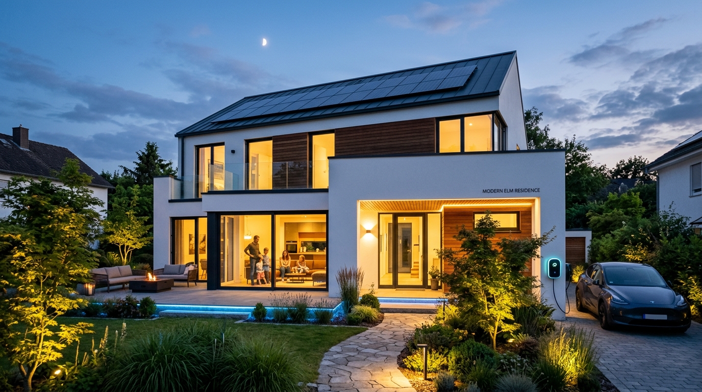 Modernes Wohnhaus mit Elektrotechnik, PV und intelligenter Beleuchtung